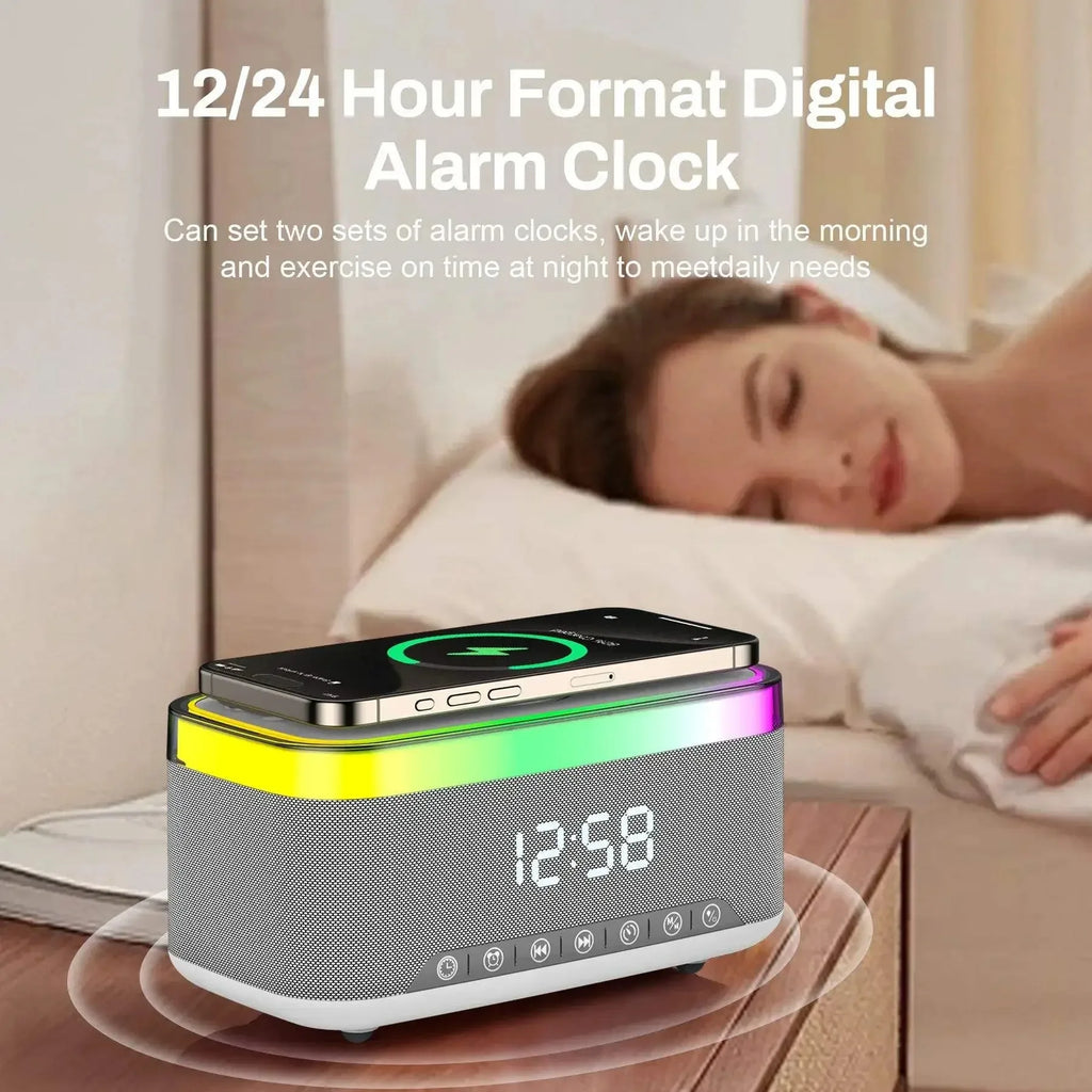 MultiFunction Alarm Clock With Bluetooth Speaker Night Light Mobile Phone 15W Fast Charging Station Wireless Charger for Home