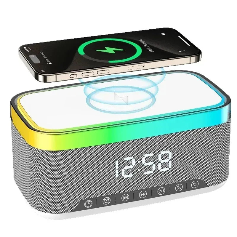 MultiFunction Alarm Clock With Bluetooth Speaker Night Light Mobile Phone 15W Fast Charging Station Wireless Charger for Home
