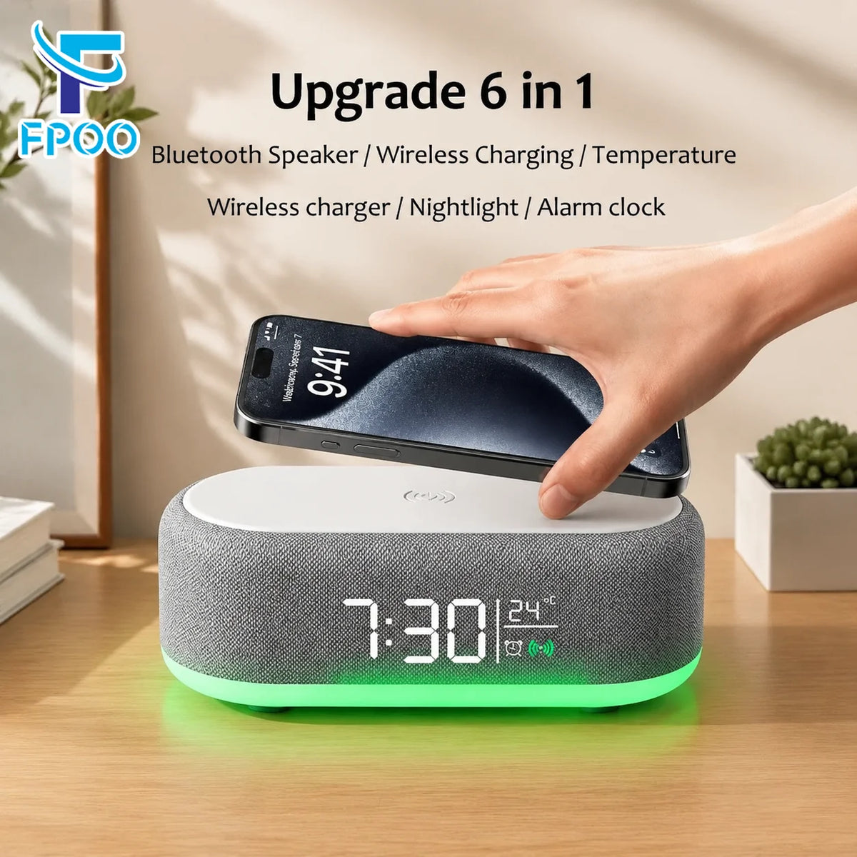 MultiFunction Alarm Clock With Bluetooth Speaker Night Light Mobile Phone 15W Fast Charging Station Wireless Charger for Home