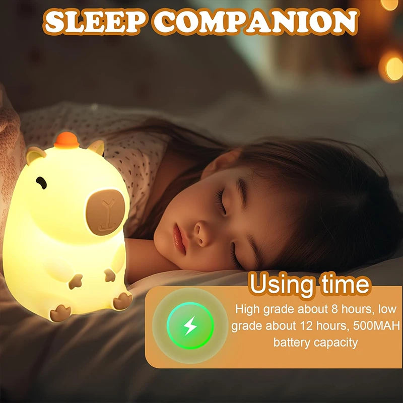 Cute Capybara Night Light Children's Silicone Nightlight Gift USB Rechargeable Animal Touch Bedside Sleep Lamp Decoration