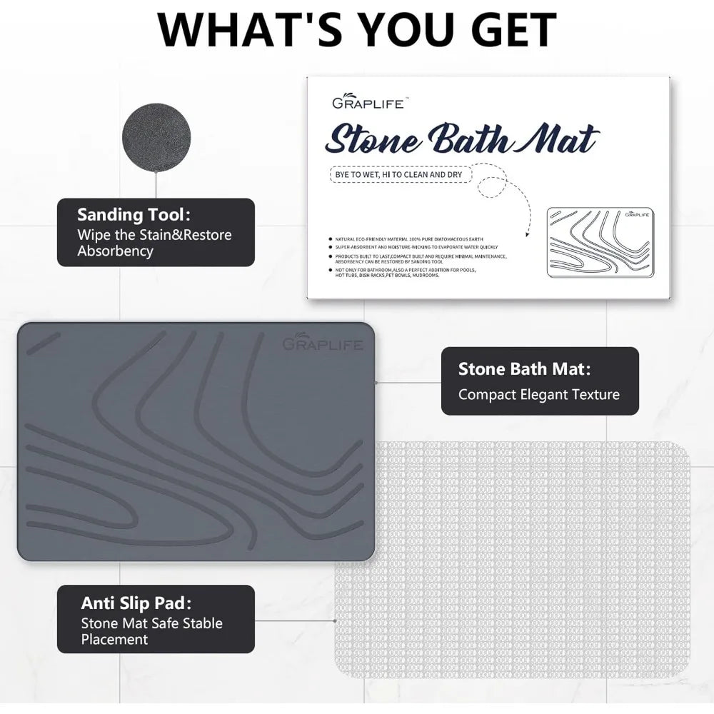 Stone Bath Mat, Diatomaceous Earth Shower Mat, Non-Slip Super Absorbent Quick Drying Bathroom Floor Mat, Natural, Easy to Clean